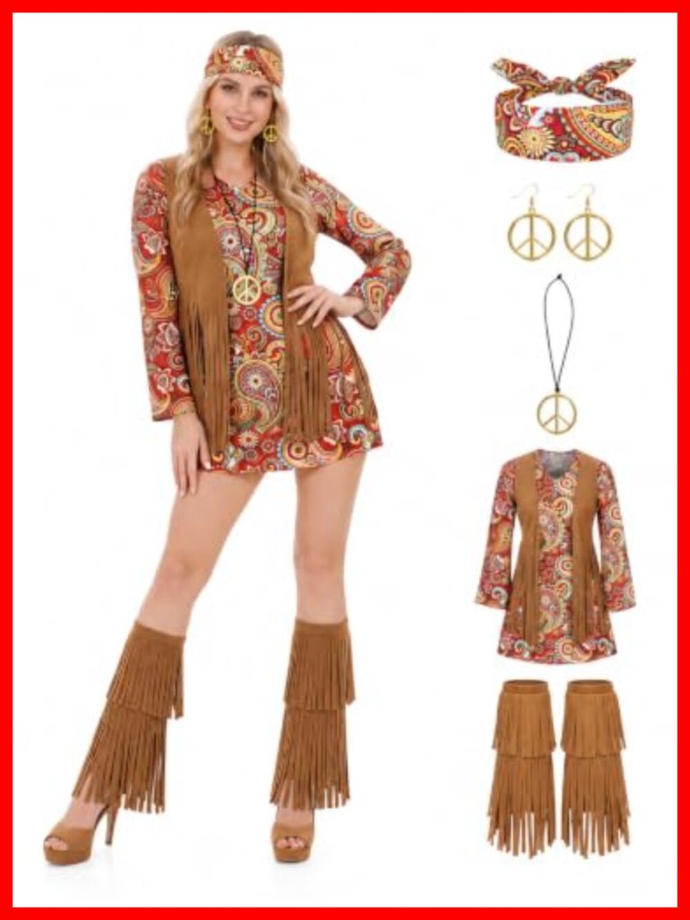 70s Hippie Costume Set 5 Piece Dress Headband Necklace Earrings Fringe Covers
